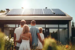 Eine Familie vor Ihrer neuen PV-Anlage auf dem Dach Ihres Smart-Homes